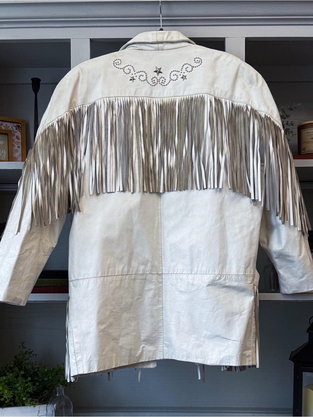 Vintage 90’s Western Leather Fringe Jacket, Off-White
